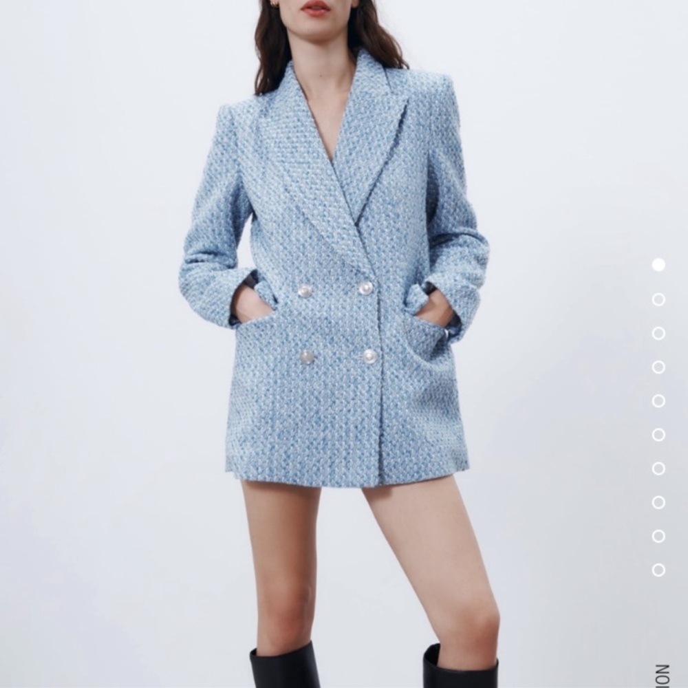 Zara Double Breasted Textured Weave Blue Jacket Tweed Blazer
